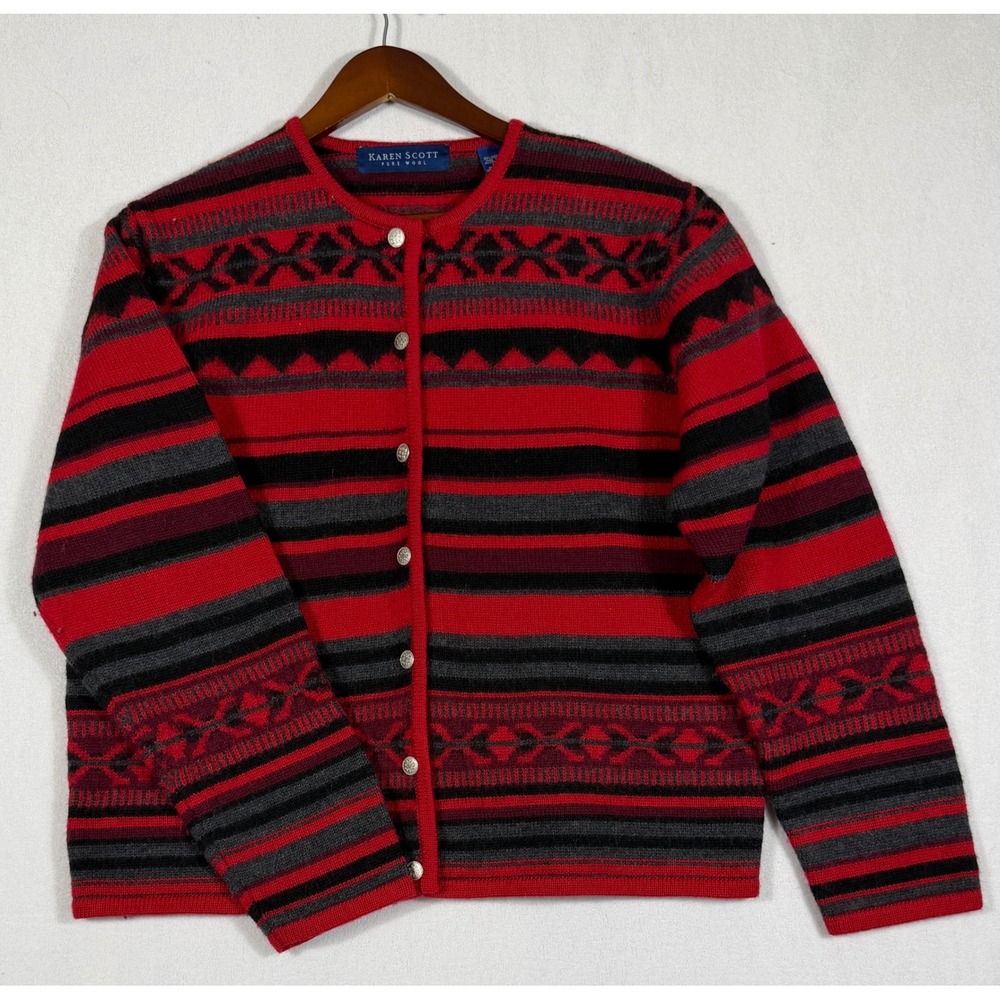 Karen Scott Pure Wool Cardigan Sweater Red Black Fair Isle Stripe Australia L